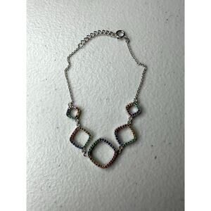 Sterling Silver Multi-Color Rainbow Crystal Diamond Shape Link Bracelet 925
